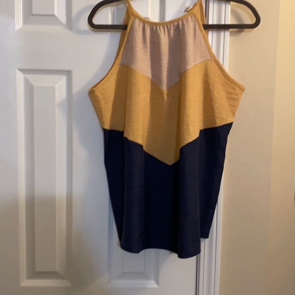 NWT Beige, Gold, Navy Blue Halter Neck Blouse - Size Medium